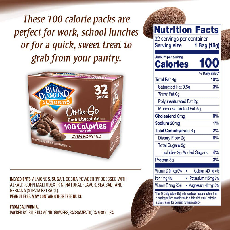 Dark Chocolate Oven Roasted Almonds, 100 Calorie On-The-Go Bags, 32 Count