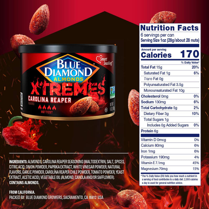 XTREMES Carolina Reaper Flavored Snack Almonds, 6oz Cans, Case of 12