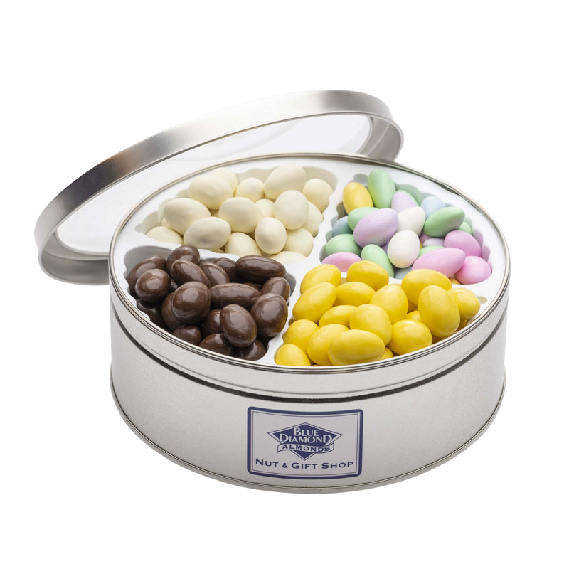 Open tin of candy coated almonds with Blue Diamond Nut & Gift Shop logo