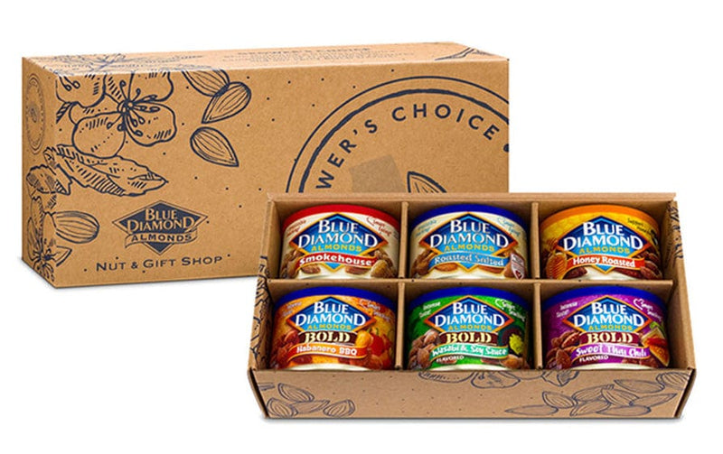 Product image of box showing 6 cans of Blue Diamond almonds
